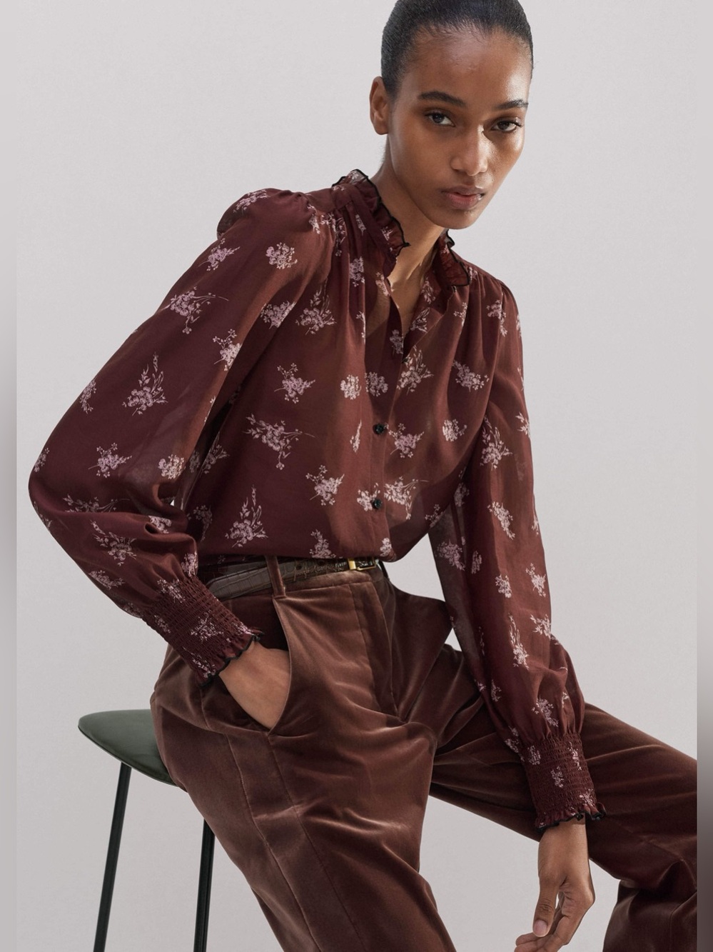 Me+Em Silk Cotton Floral Top Blouse Burgundy Smocked Feminine Dark Academia Chic